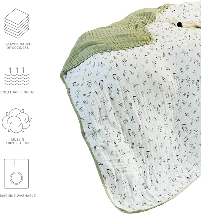 Muslin Throw Blanket 100% Cotton 6-Layer Gauze Floral Pattern Cooling Blanket Lightweight Soft Breathable Quilt for All Season Both Sides for Sofa Couch (Leaves Green, Throw 50"x60")