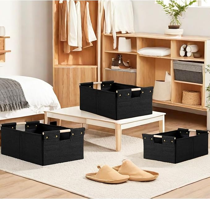 2PCS Storage Bins Cotton Linen Fabric Storage Boxes Basket with Wooden Handles Foldable Washable Decorative Shelf Container Closet Clothes Organizer Home Laundry (Large Size, Black)