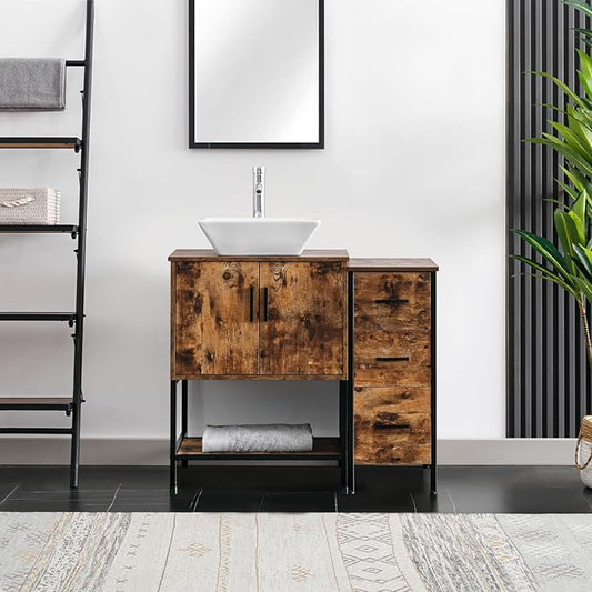eclife 36" Bathroom Vanity Sink Combo Modern Metal Stand Cabinet W/Bottom Shelf & Storage Side Cabinet White Square Vessel Sink & Water Save Faucet & Pop Up Drain, Rustic Brown (A07)