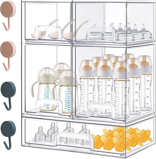 Baby Bottle Organizer-5 Pack Stackable Storage Drawers, Baby Organizers and Storage with Hooks, Clear Acrylic Multipurpose Bottle Storage for Countertop,Kitchen,Cabinet,Vanity,Bathroom
