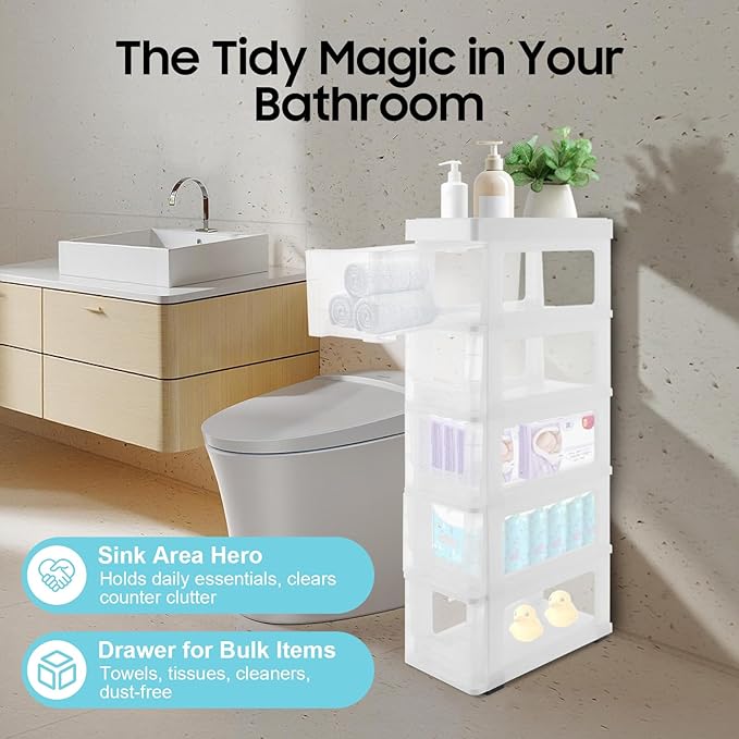 Narrow Plastic Drawers Cabinet, Multi-functional Plastic Tower Organizer with Wheels for Small Space Bathroom Bedroom Kitchen Offices Dormitory, 7 * 15 * 33in (White)