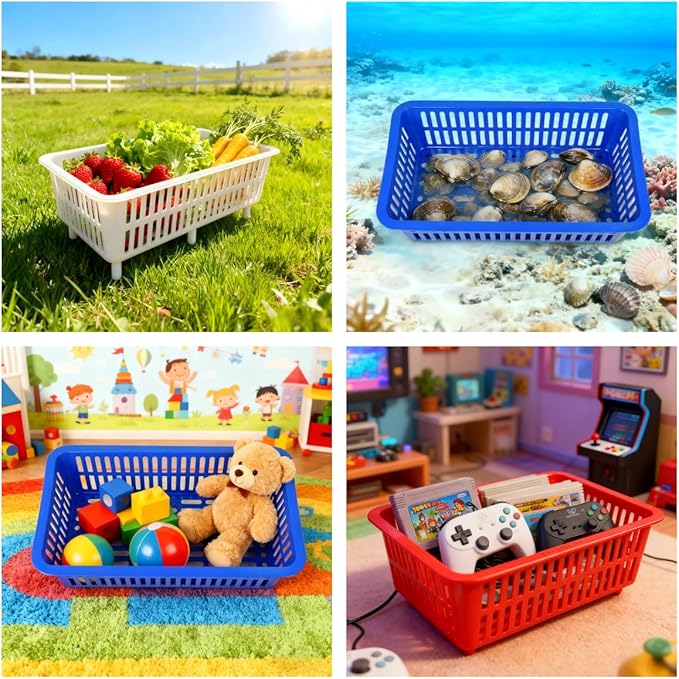 YDB Storage Plastic Drain Basket with Feet for Sorting Live Fresh Shellfish Oyster Abalone Scallop Geoduck Clams Mussels or Garden Harvest 4PCS (White+White+Blue+Red)