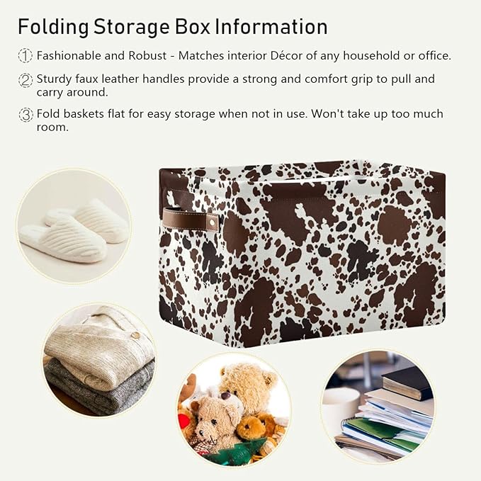 Storage Basket Cow Print Rectangular Collapsible Canvas Shelves Storage Bins with Leather Handles for Shelves Home Closet Bedroom Living Room, 2Pack