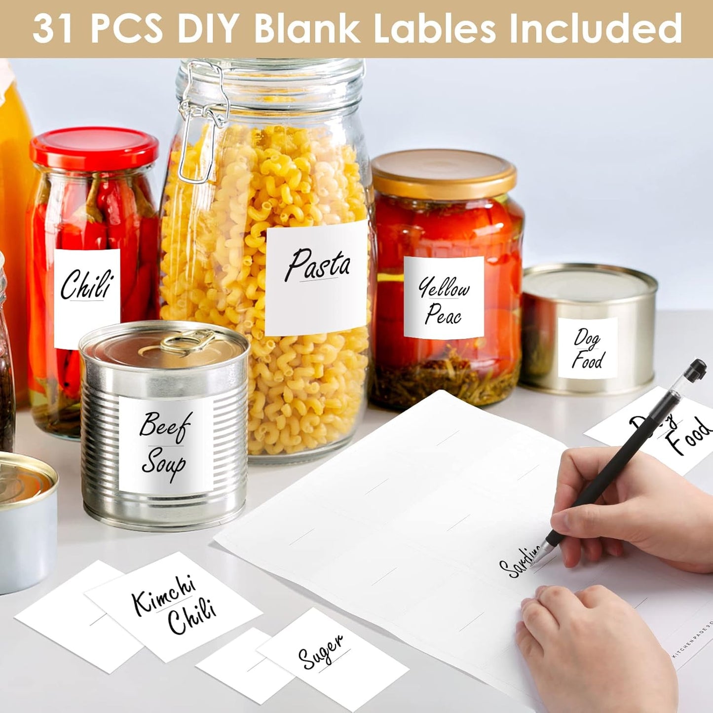 Pantry Label Stickers — 434 Pcs Waterproof, 3 Sizes + 31 DIY Blank Labels