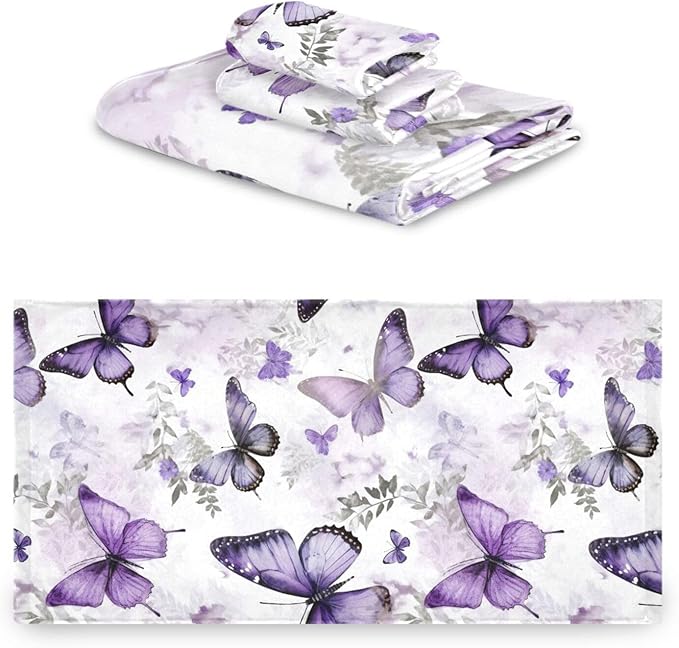 Purple Butterfly Bath Towels Set,Ultra Soft 3 Piece Vintage Watercolor Floral Butterflies Towels for Bathroom,1 Bath Towel 1 Hand Towel 1 Washcloth,Absorbent Decoractive Guest Bathroom Towels