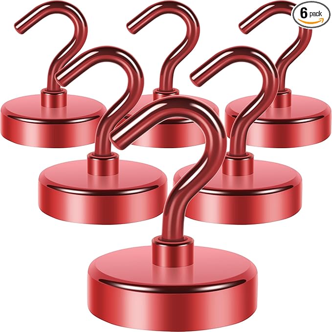 Neosmuk Magnetic Hooks,Heavy Duty Earth Magnets with Hook for Refrigerator, Extra Strong Cruise Hook for Hanging, Magnetic Hanger for Curtain, Grill(Red, 6 Pack)