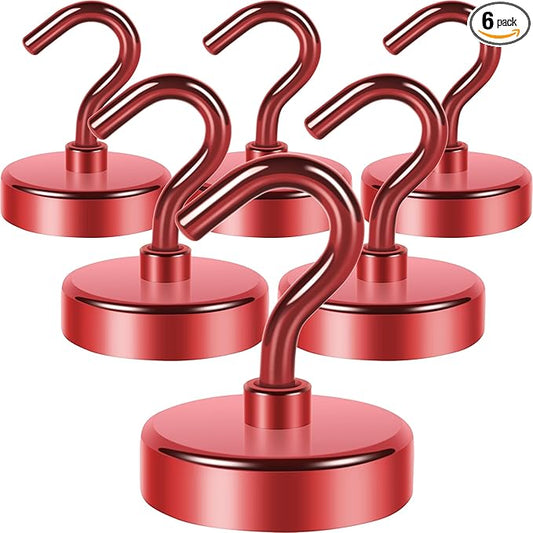 Neosmuk Magnetic Hooks,Heavy Duty Earth Magnets with Hook for Refrigerator, Extra Strong Cruise Hook for Hanging, Magnetic Hanger for Curtain, Grill(Red, 6 Pack)
