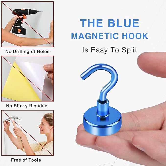 LOVIMAG Magnetic Hooks，30Lbs Magnet Hooks for Cruise Cabin, Magnetic Hooks for Hanging, Fridge, Classroom, Refrigerator, Ceiling, Office, Kitchen. Grill, Garage-6 Pack of Blue