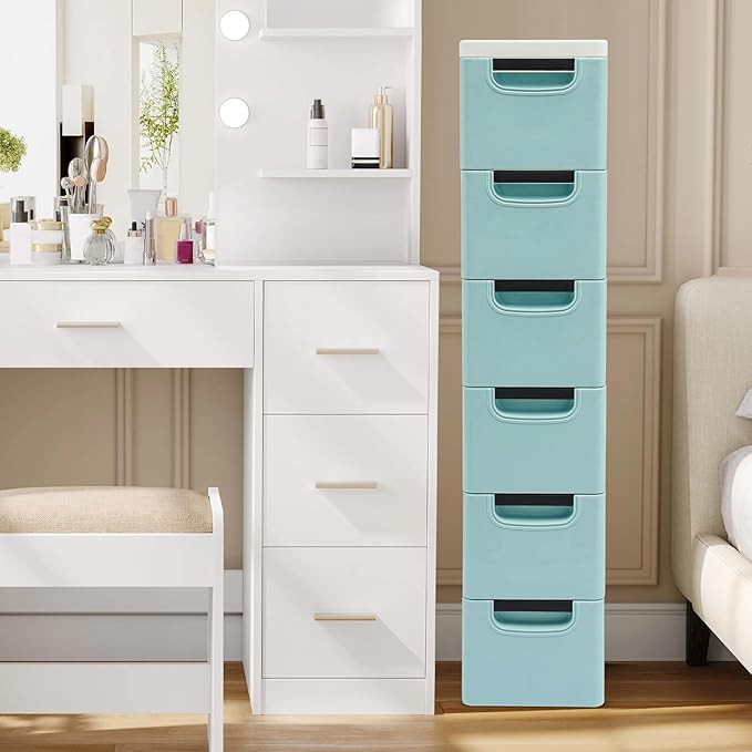 6 Drawers Storage Cabinet, Narrow Plastic Dresser, Rolling Organizer Cart, Mobile Slim Utility Cart on Wheels, Storage Drawer for Small Spaces (Blue)