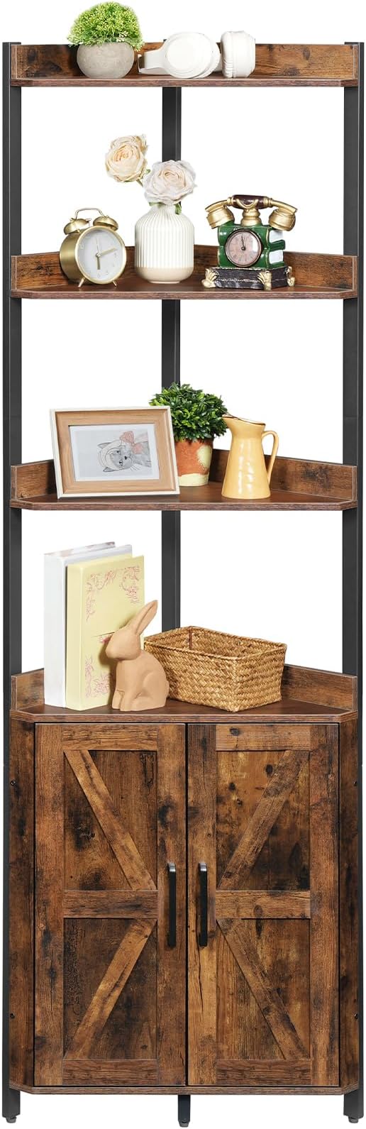 HOOBRO Corner Shelf with Storage, Tall Corner Cabinet, 5-Tier Bookshelf Stand, Storage Cabinet with Protective Fence, for Living Room, Rustic Brown and Black BF78CJ01