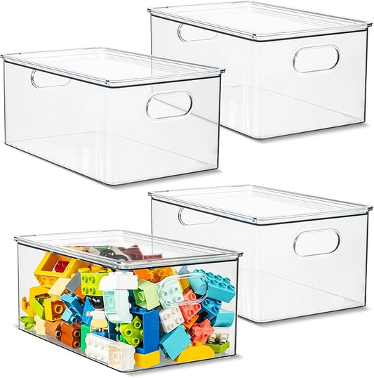 Plastic Clear Stackable Storage Bins with Lids. Great for Pantry or Kitchen Organization. Fridge Organization Containers. Cabinet, Bathroom Organizer. 4 Pack