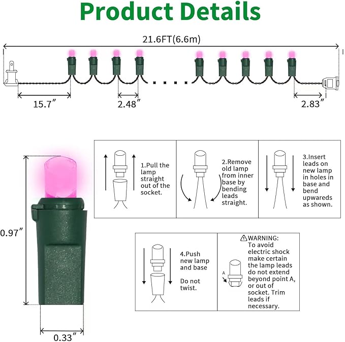 LAMPHOME 100 LED Pink Valentine Lights, 21.6ft Valentine Room Lights Green Wire, connectable Plug in Pink Christmas String Light Indoor Outdoor for Bedroom Valentines Day Party Galentine's Day Deco