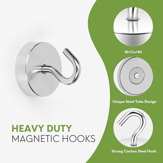 Neosmuk Magnetic Hooks, 60 lb+ Heavy Duty Neodymium Magnet for Hanging, Fridge, Grill, Pot Holders, Magnetic Hanger Swivel Swing for Locker, Toolbox, Classroom Cruise Cabins (White, Pack of 6)