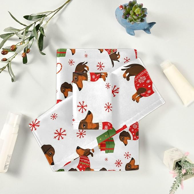Christmas Winter Towels Set of 3 Dachshund Dog Christmas Snowflakes Bathroom Towel Soft Absorbent Bath Hand Towels Washcloth Guest Towel Sets Xmas Holiday Decor