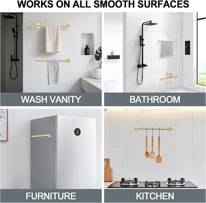 16 Inch #304 Stainless Steel Brushed Gold Towel Bar - Adhesive Kitchen Towel Holder & Bathroom Towel Rack, Wall Mount Towel Hangers for Bathroom & Door Towel Holder
