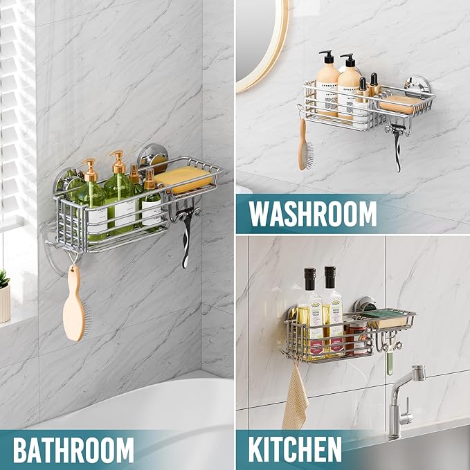 TAILI Shower Caddy Suction Cup with Hooks & Soap Holder, Heavy Duty Bathroom Shower Organizers, Removable Bathroom Shelves for Inside,Stainless Steel Holder Organizer-Silver