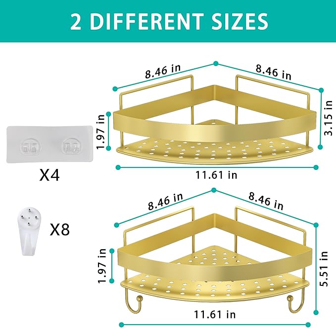 Corner Shower Shelves, 2-Tier Gold Shower Candy with 4 Hooks, Stainless Steel Bathroom Shower Organizers, Wall Mounted Caddy Shelves No Drilling with Adhesive, Triangle Storage Shelf for Toilet