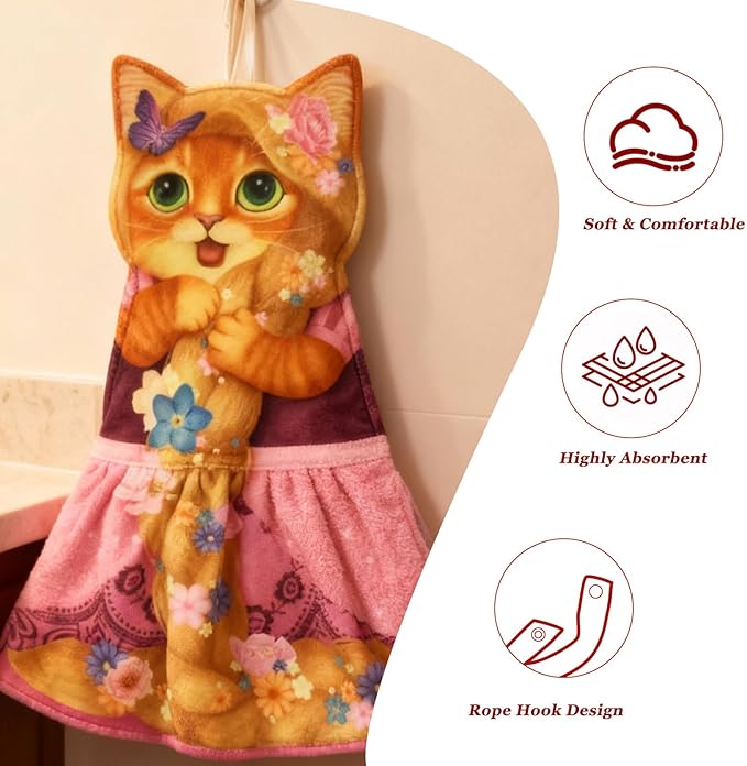 PAT JUUMG Cat Hand Towels, Cute Decorative Hanging Face Towels for Bathroom Kitchen, Super Absorbent Soft, Cat Lovers Gifts for Women, Housewarming for People Who Love Cats