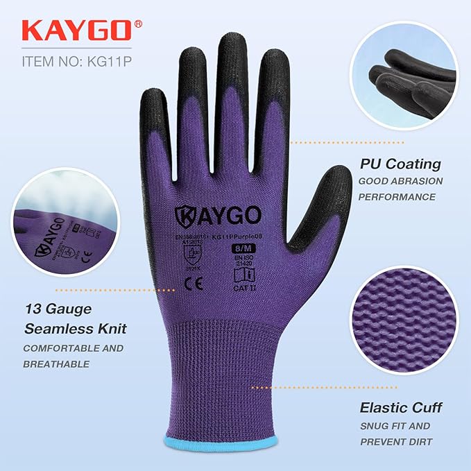 Work Gloves for Men and Women,12 Pairs Seamless Knit PU Coated Safety Gloves, with Smooth Grip on Palm and Fingers, Ideal for Light Warehouse, Manufacturing, Gardening, KG11P (S, Purple)