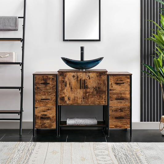 eclife 48" Bathroom Vanity Sink Combo Modern Metal Stand Cabinet W/Bottom Shelf & Storage Side Cabinets Blue Boat Vessel Sink & Water Save Faucet & Pop Up Drain, Rustic Brown (A29BU)