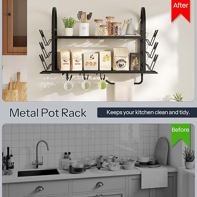HOOBRO Pot Rack Wall Mounted, 2-Tier Kitchen Pot and Lid Organizer with 6 Lid Holders and 10 Hooks, Wall-Mounted Pot Rack with Towel Bar, for Kitchen Cookware Utensils Storage, Black BB100TL01