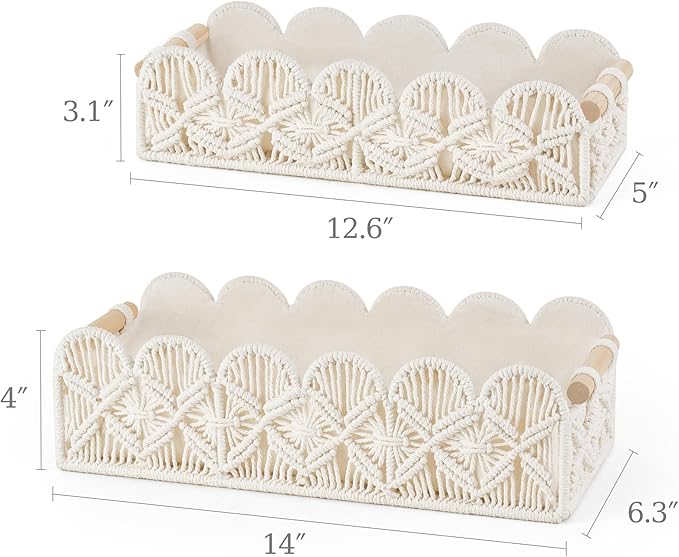 Mkono Macrame Storage Basket, Scalloped Edge Toilet Paper Basket Boho Woven Decor, Small Countertop Organizer with Handles for Shelf, Living Room, Bedroom, Home,Office, Set of 2, Ivory