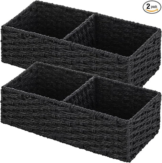 Vagusicc 2 Section Wicker Storage Basket, Black Wicker Baskets, Toilet Tank Basket, Small Baskets for Organizing Storage Shelves, 2-Pack