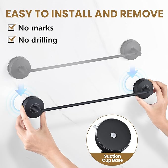 JOMOLA Towel Bar Suction Hand Towel Rack for Bathroom Stainless Steel Kitchen Towel Rail Holder Storage Hanger No Drilling Towel Bar Matte Black,22 inches