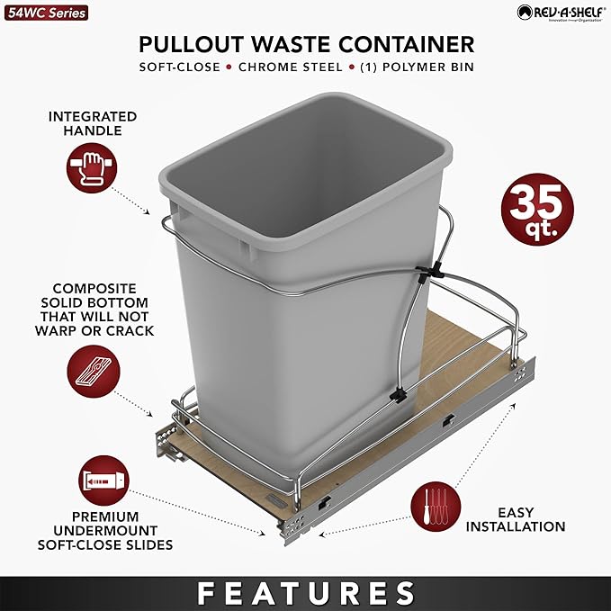 Rev-A-Shelf Steel Bottom Mount Single 35 Quart 8.75 Gallon Waste Bin Trash Container for Under Kitchen Cabinet with Soft Close, Gray, 54WC-1535SC-17-1
