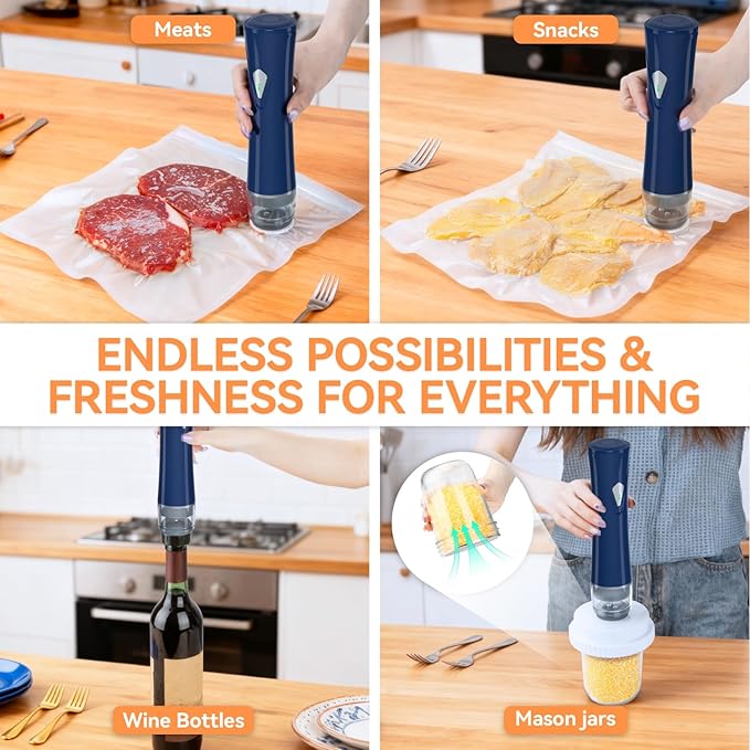 3-in-1 Compact Vacuum Sealer for Food with Bags & Mason Jar Kit, Saver 5X Fresh Longer, 15PCS Reusable Bags, Wide and Regular Mouth Kits, Wine Stopper for Kitchen Fridge Travel Seal Meal
