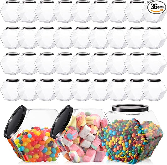 Bokon 36 Pcs Hexagon Shaped Jars with Lids Plastic Cookie Container 30 oz Clear Wide Mouth Candy Storage Jar for Cookies, Candy, Snacks, Paper Stars, Detergent Pods, Gifts and Storage