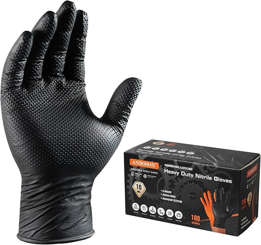 Black 10 Mil Nitrile Gloves, Diamond Textured Grip, Extra Thick Heavy Duty Disposable, Latex-Free, Tear & Chemical Resistant, Multipurpose Gloves for Kitchen, Cleaning, Medium