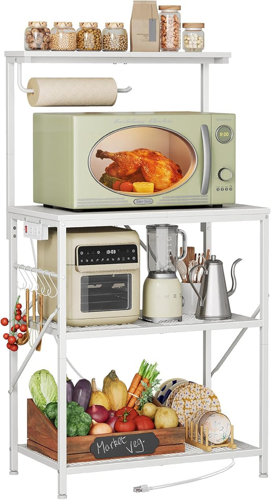 Huuger 4-Tier Bakers Rack with Reversible Power Outlet, 23.6 Inch Microwave Stand with Paper Towel Holder, Kitchen Bar, Larger Storage with Top Shelf, 6 S Hooks, White