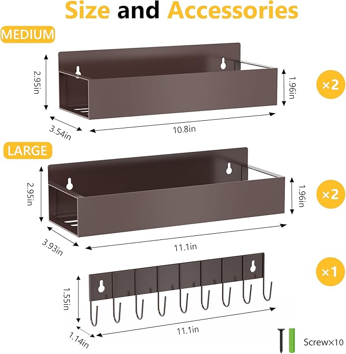 Magnetic Spice Rack for Refrigerator, 4 Pack Magnetic Shelf with 1 Hook Magnet Spice Storage Rack Seasoning Organizer with Screw for Oven Fridge (Bronze, 4Rack&1Hook)