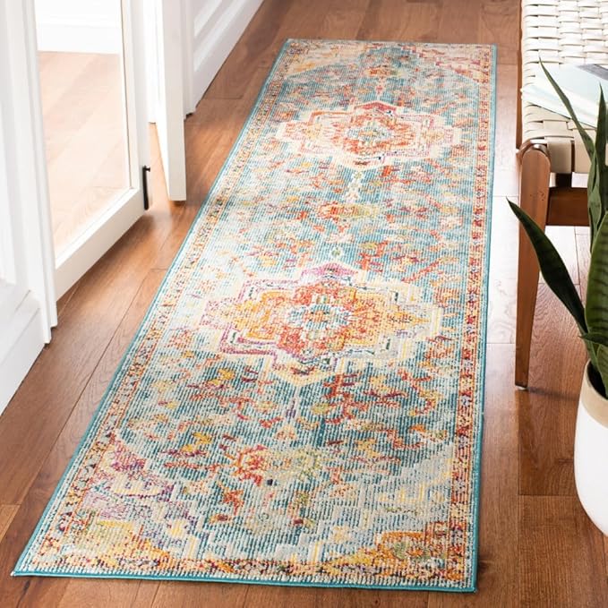 SAFAVIEH Crystal Collection Runner Rug - 2'2" x 19', Orange & Teal, Medallion Distressed Design, Non-Shedding & Easy Care, Ideal for High Traffic Areas in Living Room, Bedroom (CRS501K)