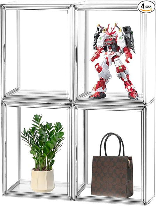 4Pack X-Large Purse Organizer for Closet Clear Acrylic Display Case for Handbag Organizer, Purse Storage Box with Magnetic Door, Dustproof Storage Bins for Collectibles, Size 14