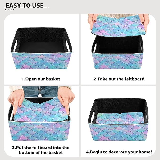 Kcldeci Princess Mermaid Kawaii Rainbow Scales Storage Bins Baskets for Organizing, Sea Fish Tale Sturdy Storage Basket Foldable Storage Baskets for Shelves Closet Nursery Toy