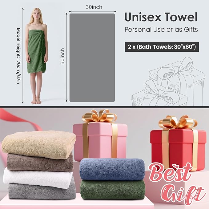 Microfiber Bath Towels Set of 2, Oversized, Ultra Soft, Super Absorbent, Fast Drying, No Fading Large Bathroom Towel for Yoga, Sauna, Travel, Fitness (Coral Fleece - Olive-Green, 30 in x 60 in)