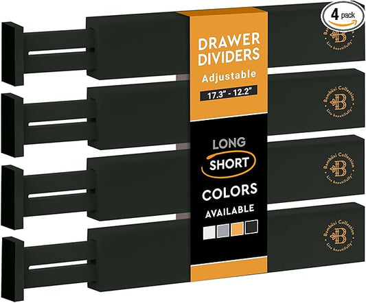 4-Pack Bamboo Drawer Dividers - 2.6" High, 12.5"-17" Adjustable Drawer Organizers for Clothes, Expandable Dresser Separators in Bedroom/Bathroom/Kitchen/Office Organization and Storage (Black)