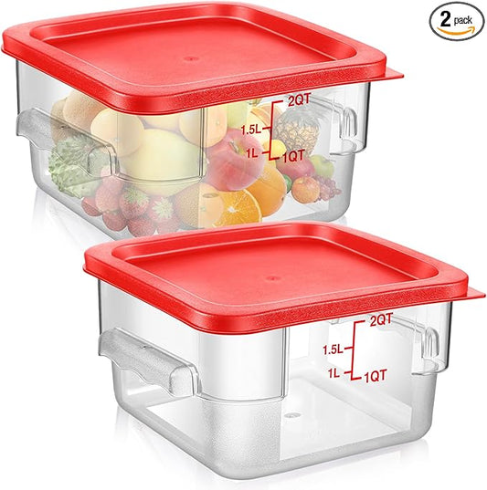Suclain 2 Pcs Square Food Storage Container Polycarbonate Clear Food Container with Lid Commercial Rice Storage with Graduations for Commercial Kitchen(2 Qt,Red)