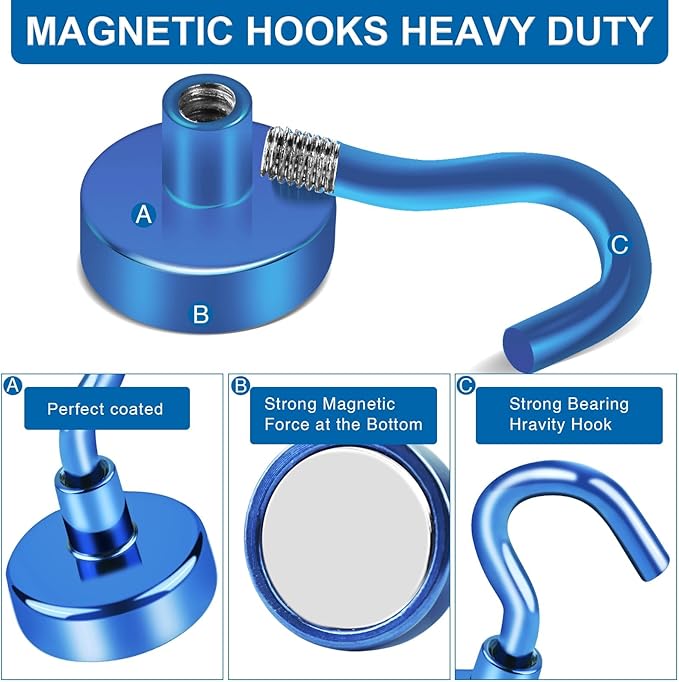 LOVIMAG Magnetic Hooks for Cruise Cabins, 120lbs Blue Magnetic Hooks for Classroom, Strong Magnets with Hooks for Hanging, Neodymium Magnet Hooks for Fridge, Ceiling, Locker, Camper, Travel-25 Pcs