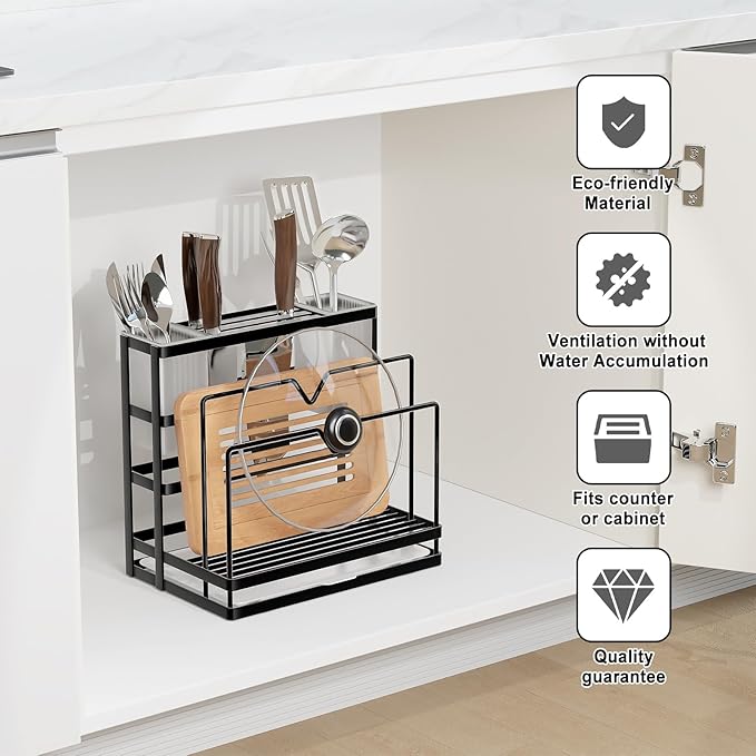 Universal Knife Block Holder, Kitchen Knife Holder Storage Organizer, Stainless Steel Cutting Board Rack Pot Pan Lid Holder for Countertop, Cabinet