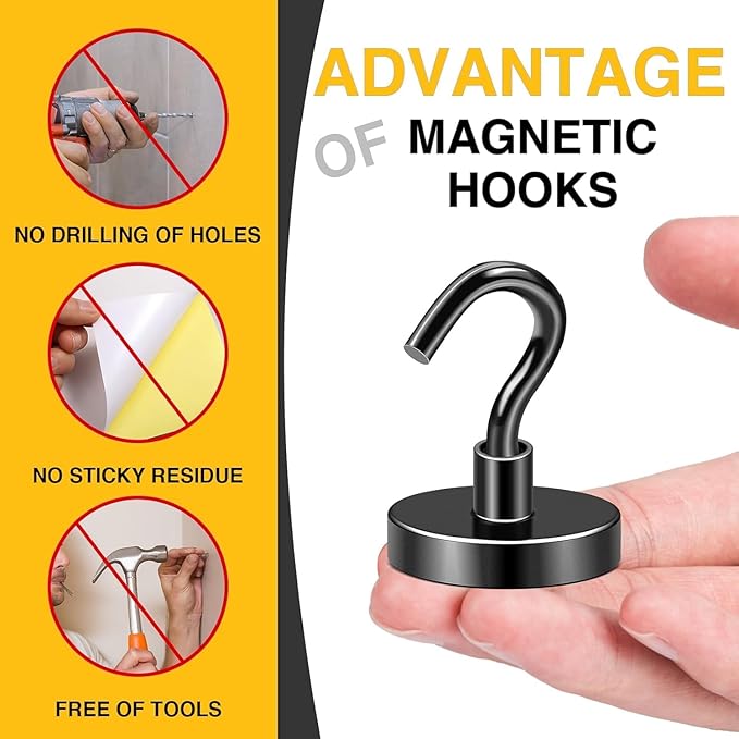 DIYMAG Black Magnetic Hooks, 120 LB Heavy Duty Strong Magnets with Hook, Rare Earth Neodymium Magnet for Cabins Cruise Ship Essentials 8 Packs