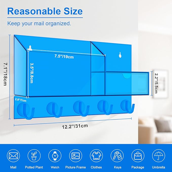 Acrylic Key Holder Wall Mount Mail Organizer for Wall with Shelf Storage Drawer and 5 Hooks, Blue