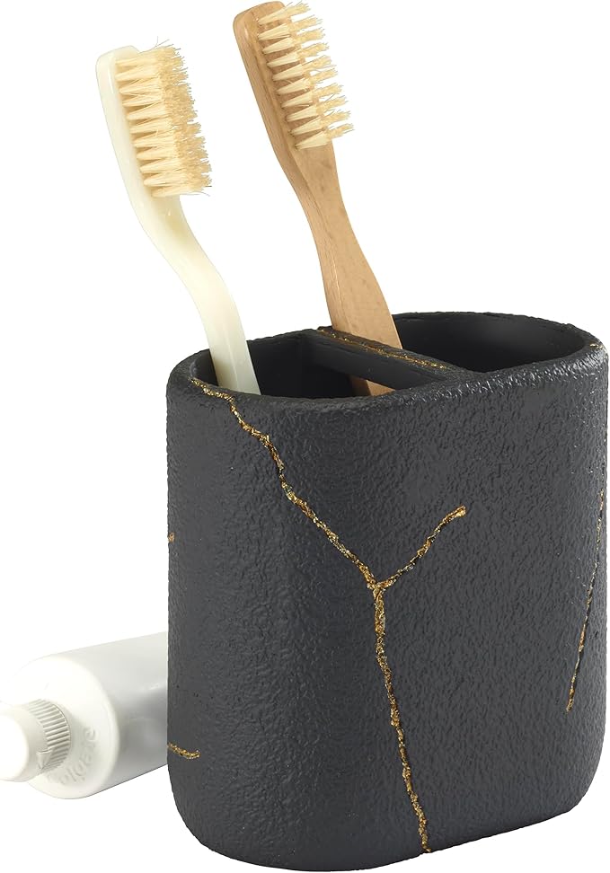 Nicole Miller - Bathroom Set, 2pc Resin Accessories, Toothbrush & Lotion Pump/Soap Dispenser, Dorm Room Essentials (Sydney Collection, Black/Gold)