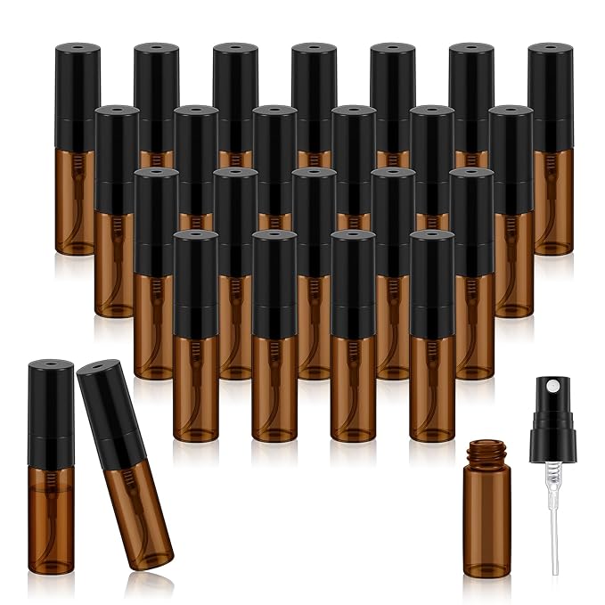Zhehao 50 Pcs Mini Spray Bottles 3ml Clear Glass Perfume Bottles Refillable Fine Mist Perfume Atomizer Portable Empty Sample Containers for Cleaning, Essential Oils, Travel (Amber)