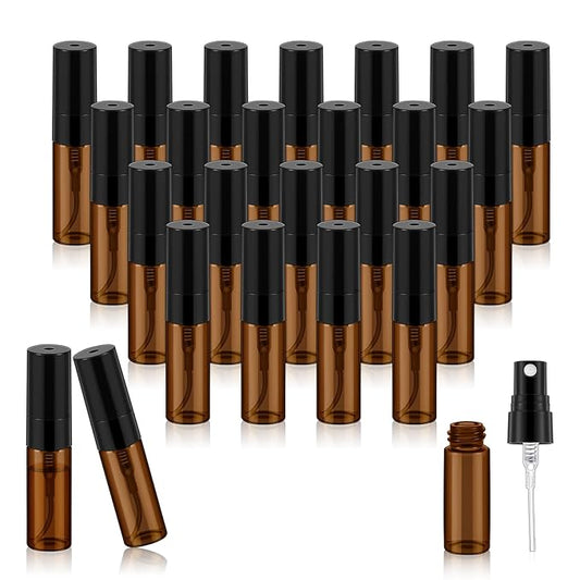 Zhehao 25 Pcs Mini Spray Bottles 3 ml Clear Glass Perfume Bottles Refillable Fine Mist Perfume Atomizer Portable Empty Sample Containers for Cleaning, Essential Oils, Travel (Amber)