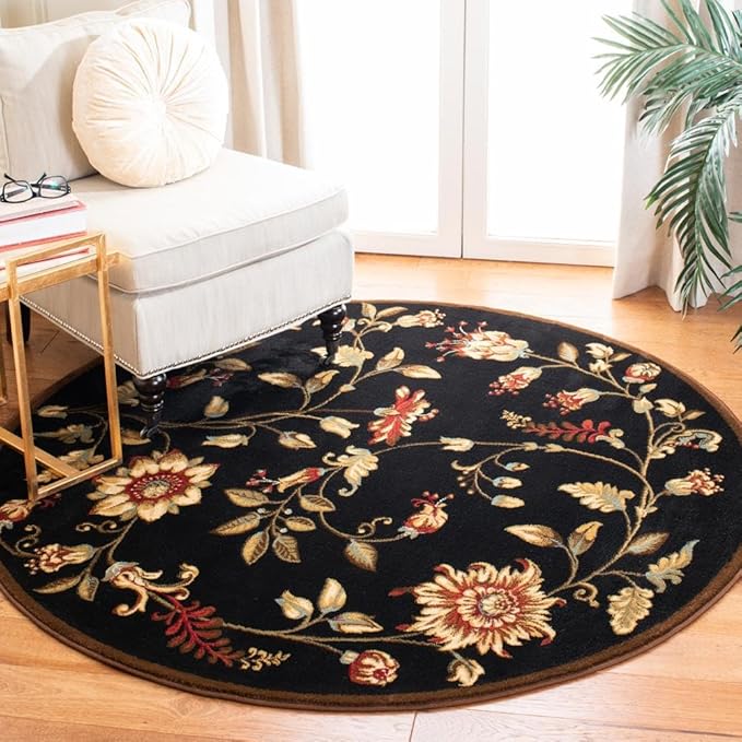 SAFAVIEH Lyndhurst Collection Round Rug - 6'7" Round, Black & Multicolored, Oriental Design, Stain Resistant, Ideal for High Traffic Areas in Living Room, Bedroom & Dining Room (LNH552-9091-7R)