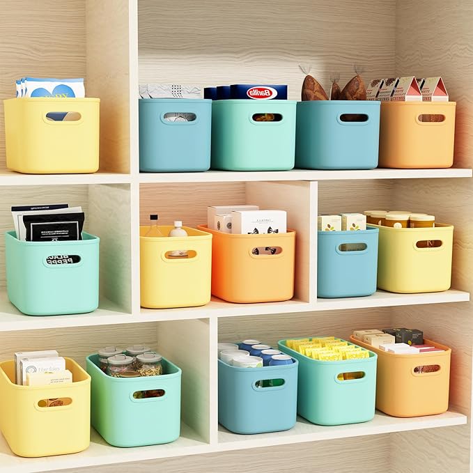 12 Pack Colorful Plastic Storage Bins, Storage Container for Organizing, Colored Storage Boxes with Handle for Shelves, Cute Organizer Bins for Craft, Snacks, Cabinet, 9.69x6.7x5.7 inch