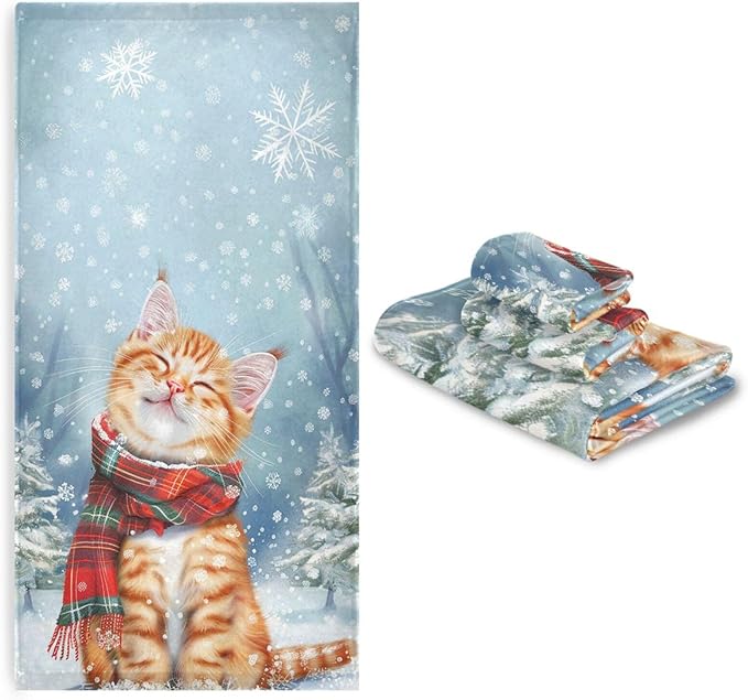 Christmas Winter Towels Set of 3 Cute Cat Wearing Plaid Scarf Bathroom Towel Soft Absorbent Bath Hand Towels Washcloth Guest Towel Sets Xmas Holiday Decor